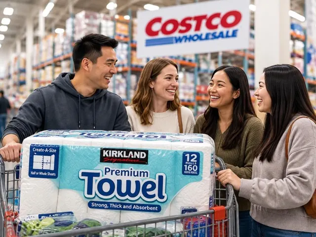 Four neighbors in a warehouse store with a bulk pack of paper towels in a cart